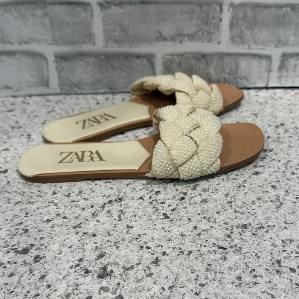 Zara Women's Cream Braided Slide Sandals with Pearl Accent - Picture 3 of 4